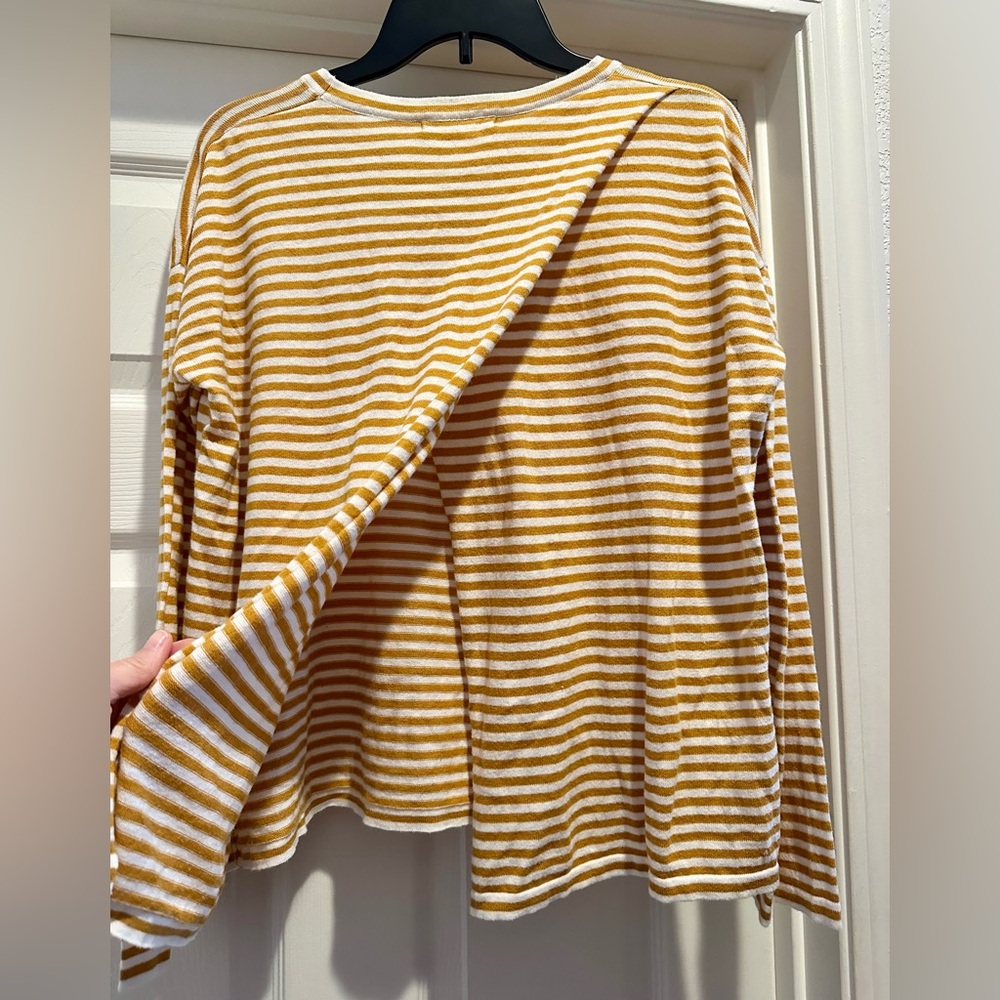 Ellison, size M, mustard/white striped long sleeve shirt with open flyaway back